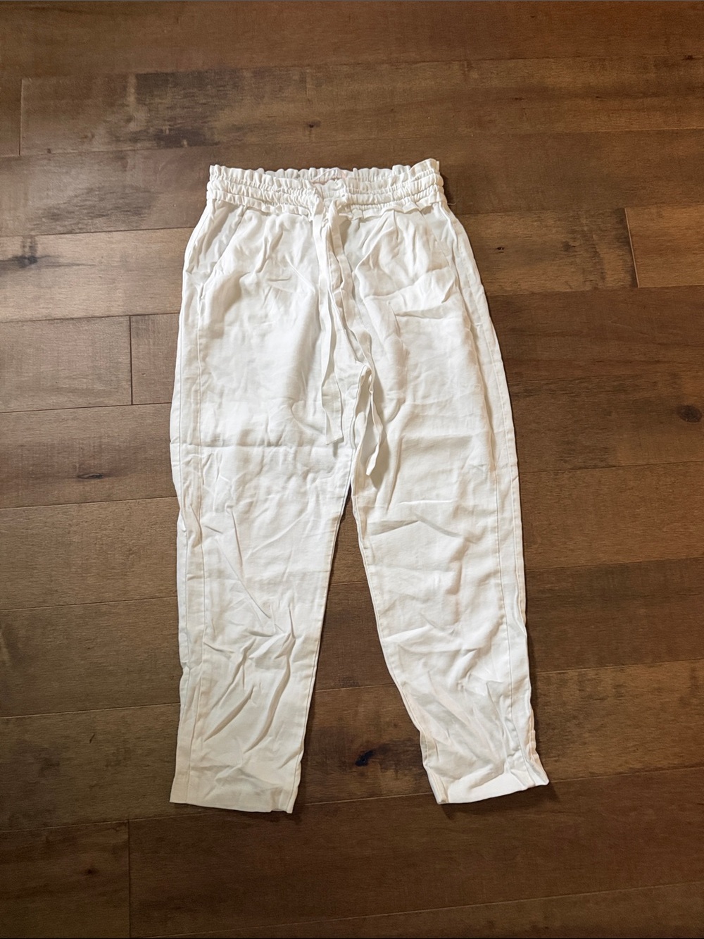 💘Zara White Wide Leg Linen-Blend Drawstring Pants
